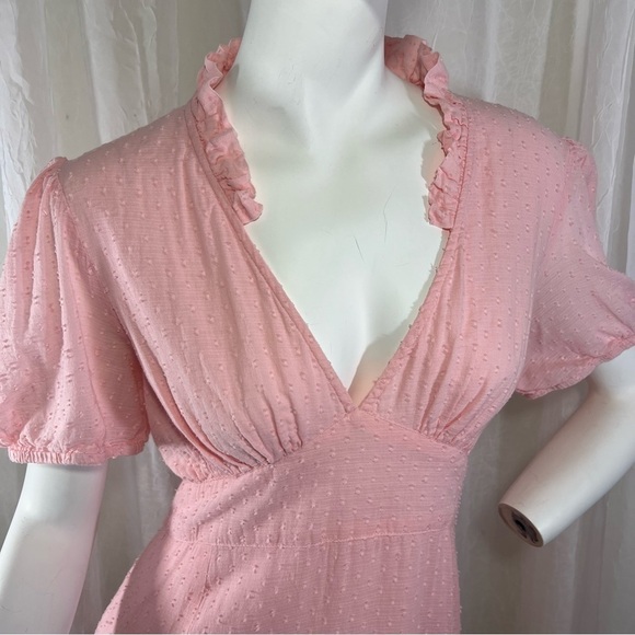 NEON Rose Ruffle V-Neck Pink Fit and Flair Dress with Swiss Dots & Ruffle Hem L - Picture 10 of 14